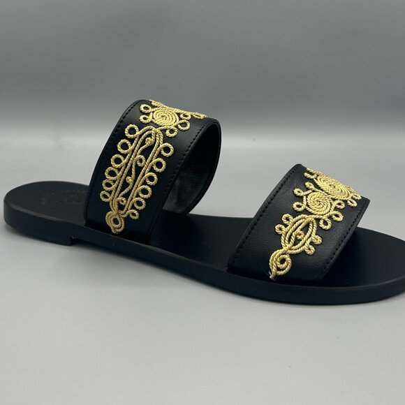 Black Leather Sandals with Gold Embroidery - Picture 3 of 4
